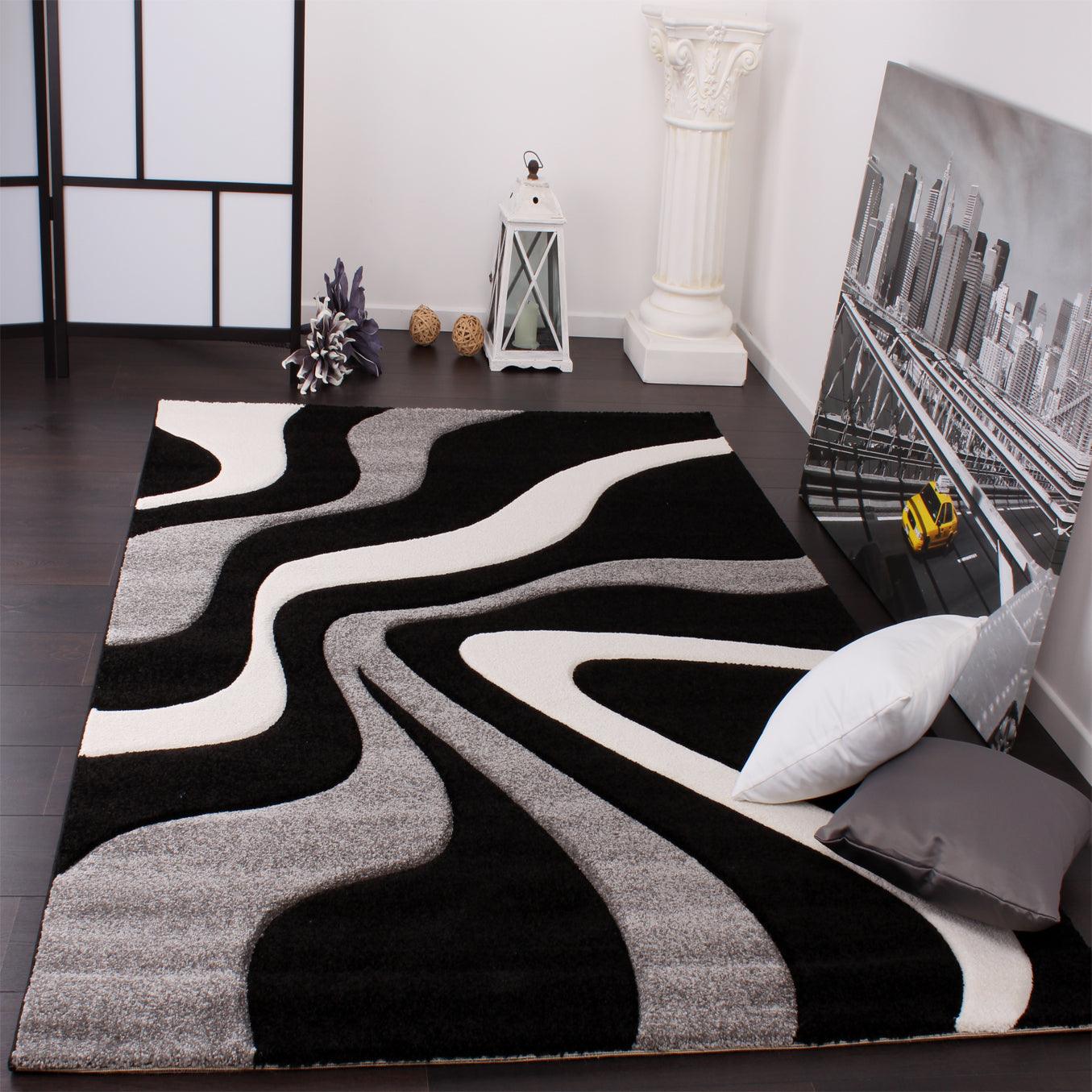 Designer Area Rug with Contour Cut and Modern Wave Pattern-0